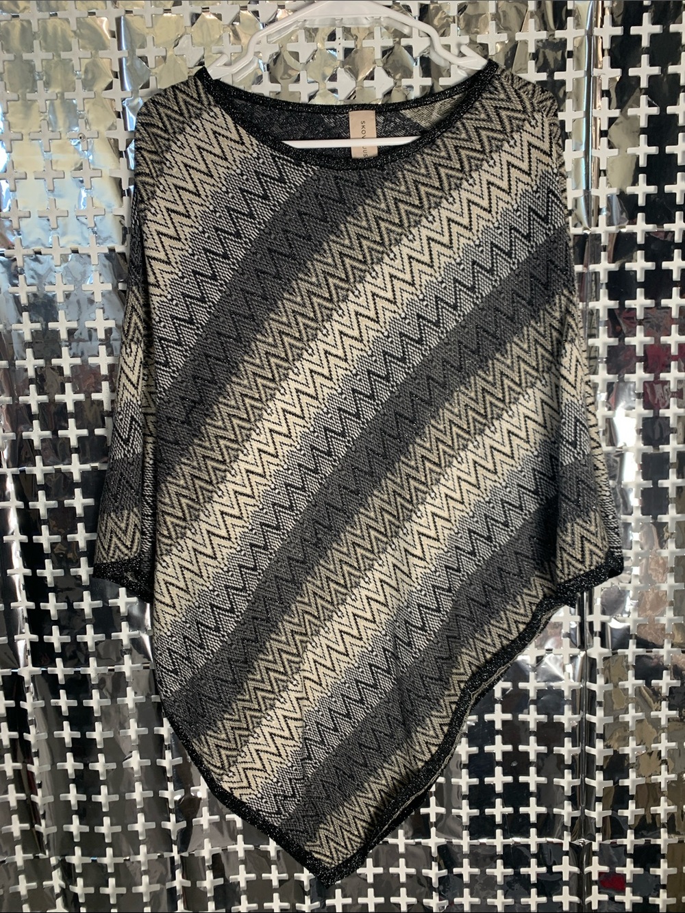 Skovhuus Zigzag Knit Poncho in Black and Cream